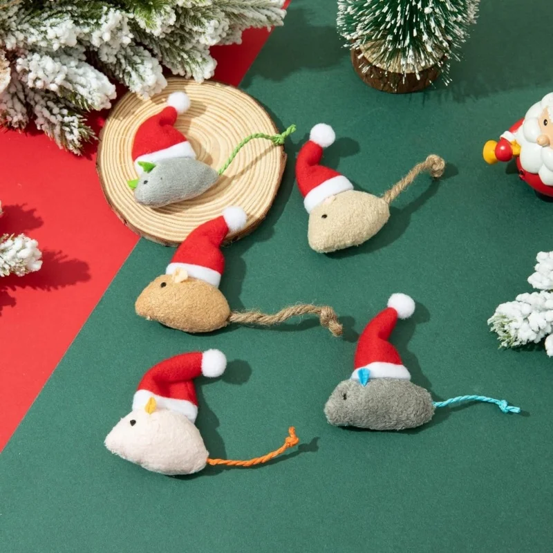 Catnip Interactive Plush Mouse - 1~5개 세트 크리스마스 모자 장식 마우스